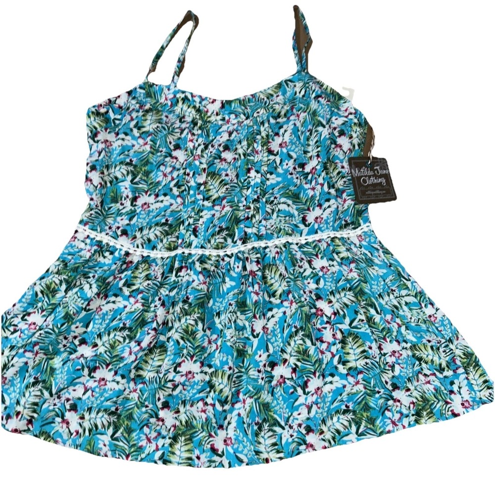 Matilda Jane Women's Size Small Blue Floral Tank Top - Ruffle Lace Trim Boho New